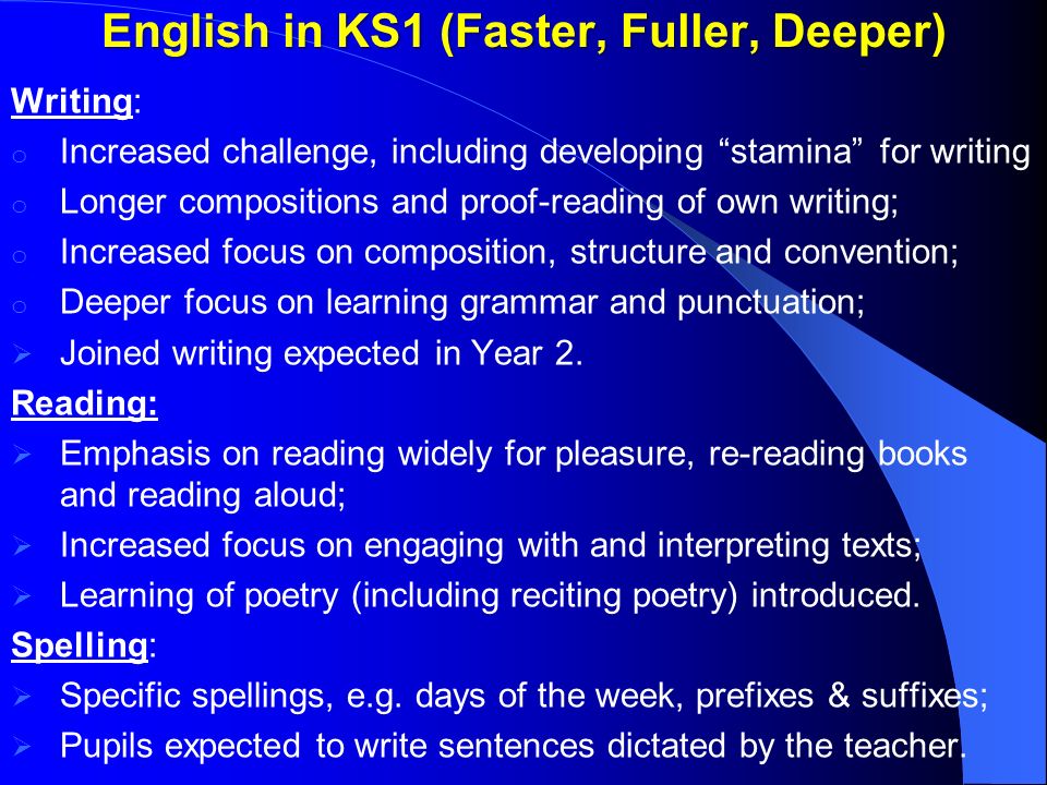 English in KS1 (Faster, Fuller, Deeper) Writing: o Increased challenge, including developing stamina for writing o Longer compositions and proof-reading of own writing; o Increased focus on composition, structure and convention; o Deeper focus on learning grammar and punctuation;  Joined writing expected in Year 2.