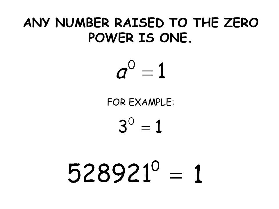 ANY NUMBER RAISED TO THE ZERO POWER IS ONE. FOR EXAMPLE:
