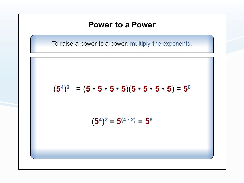 Power to a Power To raise a power to a power, multiply the exponents.