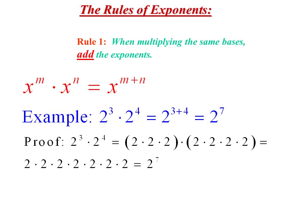 The Rules of Exponents: Rule 1: When multiplying the same bases, add the exponents.