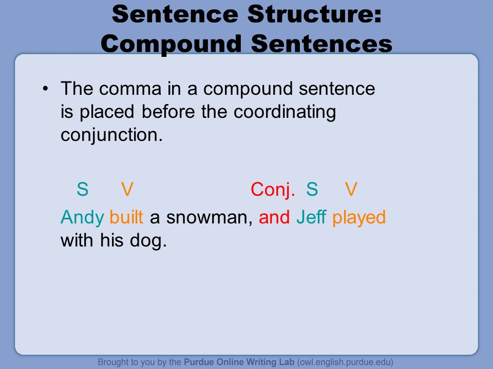 Sentence Structure: Compound Sentences The comma in a compound sentence is placed before the coordinating conjunction.