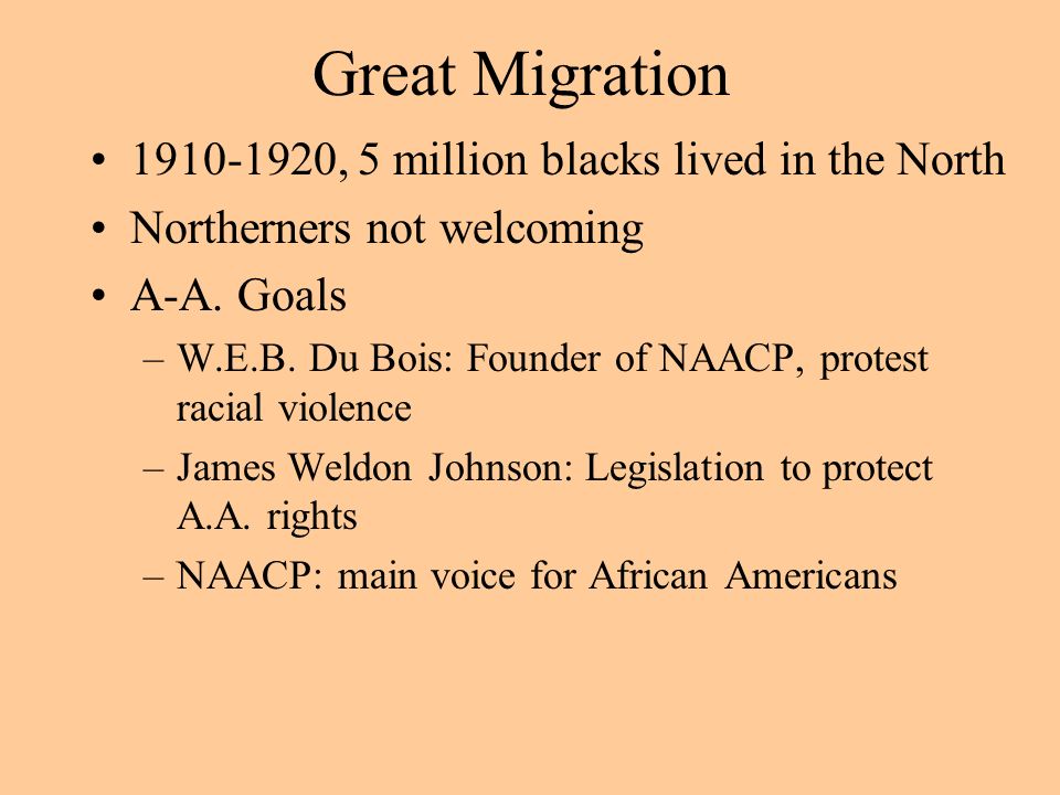 Great Migration , 5 million blacks lived in the North Northerners not welcoming A-A.