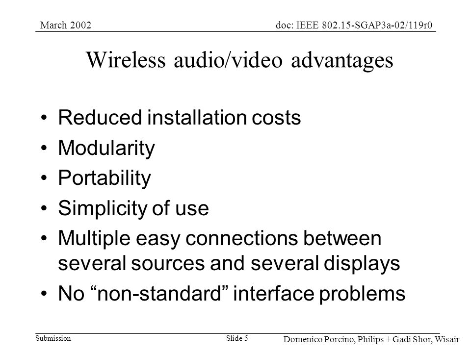 Submission doc: IEEE SGAP3a-02/119r0March 2002 Domenico Porcino, Philips + Gadi Shor, Wisair Slide 5 Wireless audio/video advantages Reduced installation costs Modularity Portability Simplicity of use Multiple easy connections between several sources and several displays No non-standard interface problems