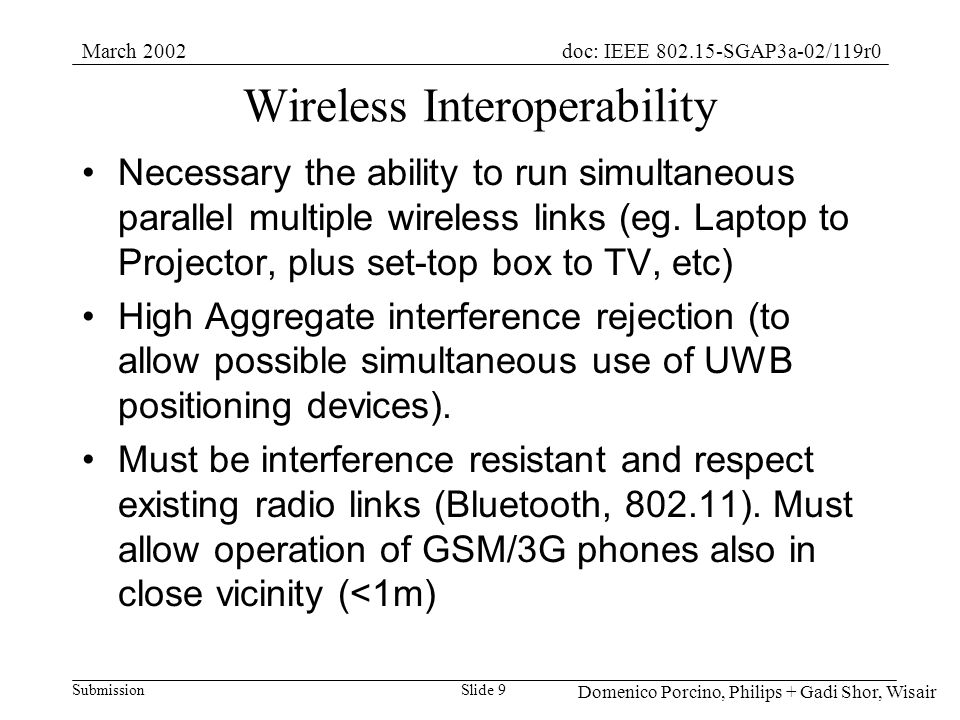 Submission doc: IEEE SGAP3a-02/119r0March 2002 Domenico Porcino, Philips + Gadi Shor, Wisair Slide 9 Wireless Interoperability Necessary the ability to run simultaneous parallel multiple wireless links (eg.