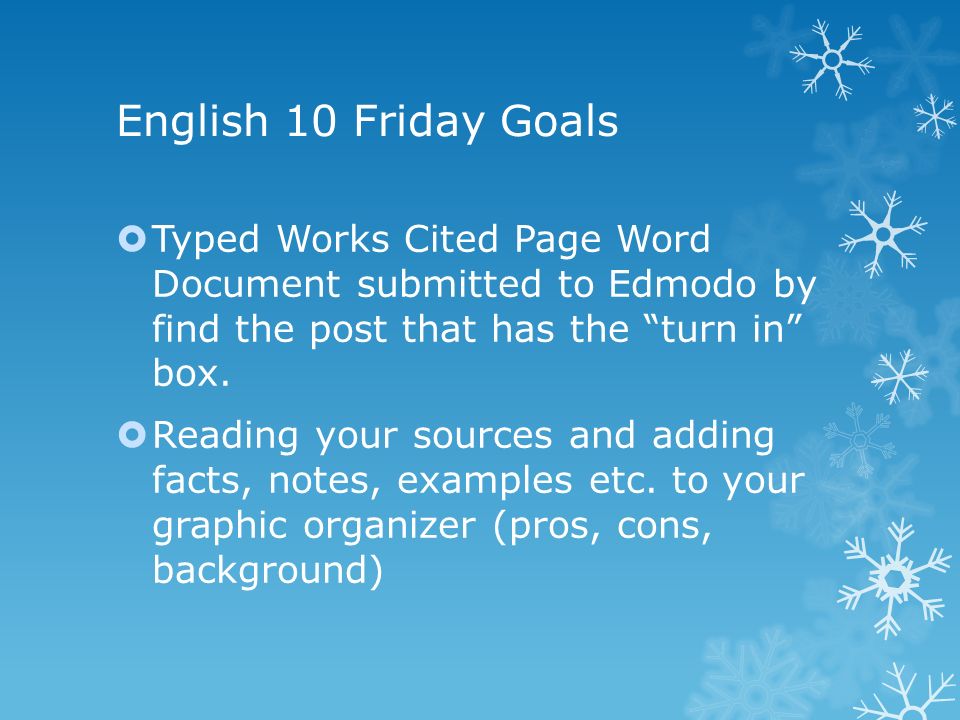 English 10 Friday Goals  Typed Works Cited Page Word Document submitted to Edmodo by find the post that has the turn in box.