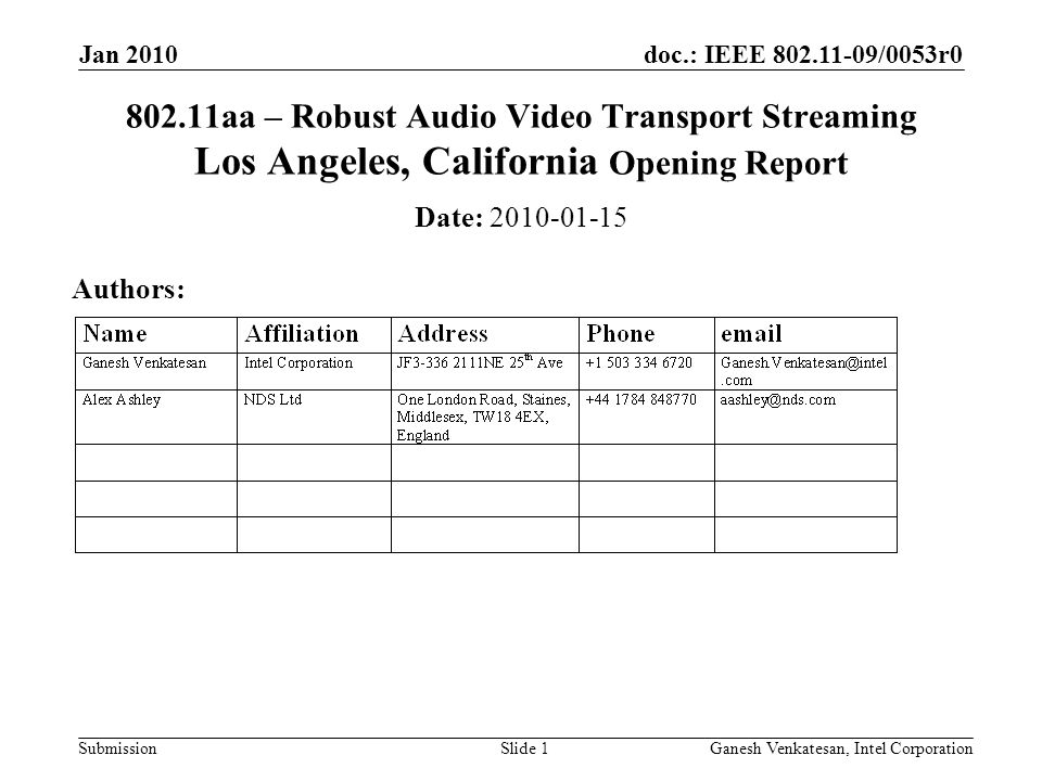 doc.: IEEE /0053r0 Submission aa – Robust Audio Video Transport Streaming Los Angeles, California Opening Report Date: Authors: Jan 2010 Ganesh Venkatesan, Intel CorporationSlide 1