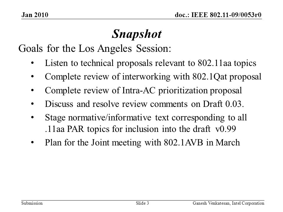 doc.: IEEE /0053r0 Submission Goals for the Los Angeles Session: Listen to technical proposals relevant to aa topics Complete review of interworking with 802.1Qat proposal Complete review of Intra-AC prioritization proposal Discuss and resolve review comments on Draft 0.03.