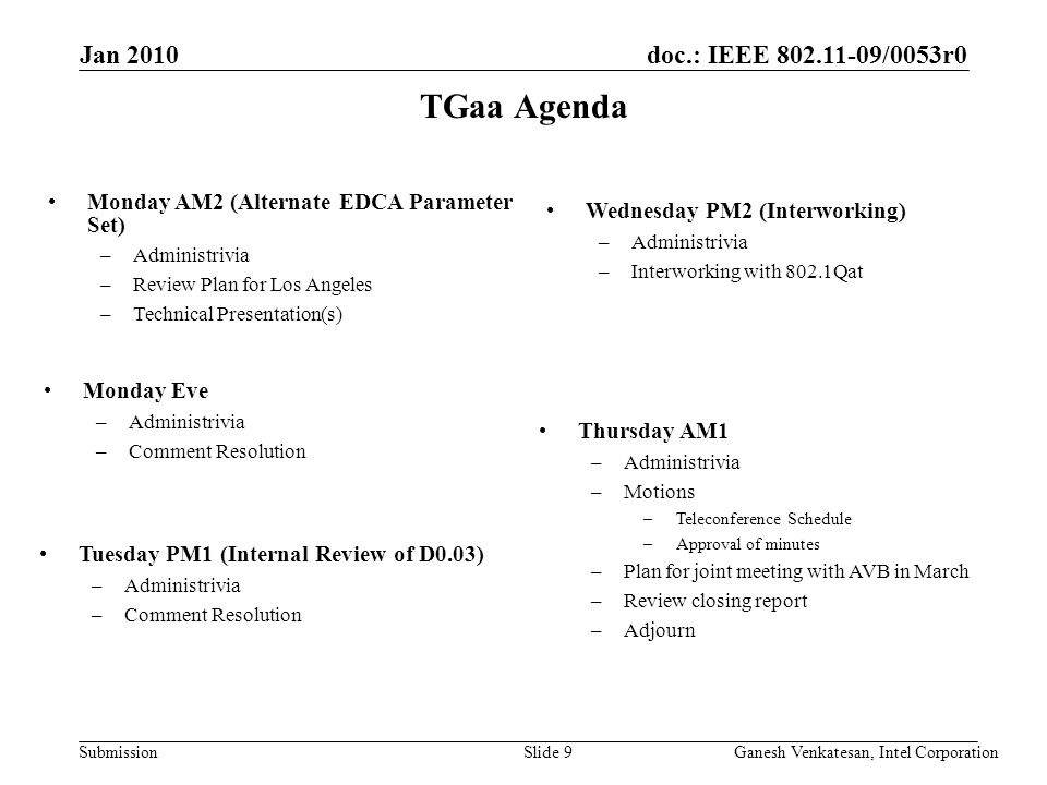 doc.: IEEE /0053r0 Submission TGaa Agenda Thursday AM1 –Administrivia –Motions –Teleconference Schedule –Approval of minutes –Plan for joint meeting with AVB in March –Review closing report –Adjourn Monday AM2 (Alternate EDCA Parameter Set) –Administrivia –Review Plan for Los Angeles –Technical Presentation(s) Jan 2010 Ganesh Venkatesan, Intel CorporationSlide 9 Monday Eve –Administrivia –Comment Resolution Tuesday PM1 (Internal Review of D0.03) –Administrivia –Comment Resolution Wednesday PM2 (Interworking) –Administrivia –Interworking with 802.1Qat