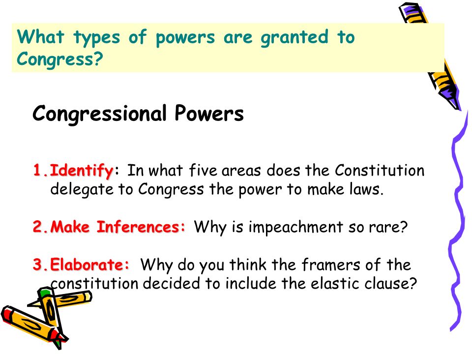 Congressional Powers 1.Identify 1.Identify: In what five areas does the Constitution delegate to Congress the power to make laws.