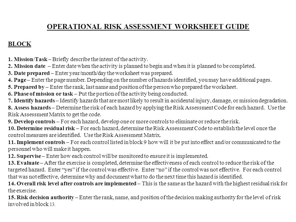 Printables Operational Risk Assessment Worksheet missiontask mission datedate prepared by personnel operational risk assessment worksheet guide block 1 briefly describe the intent