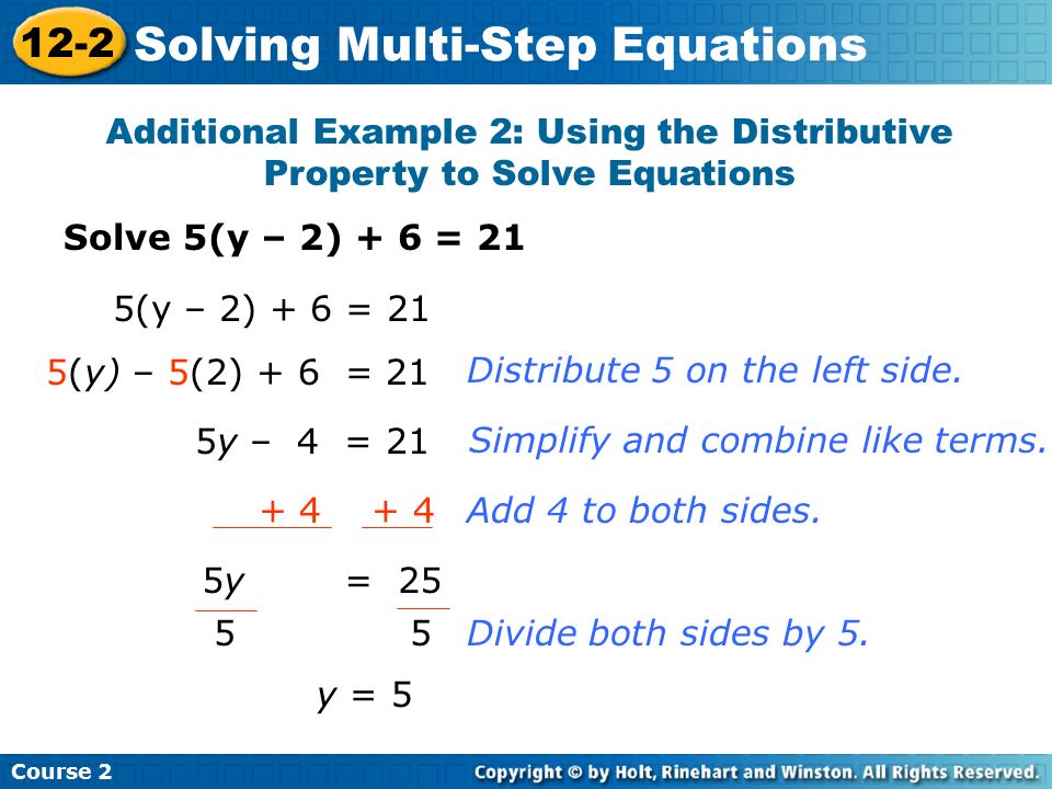 12 2 Solving Multi Step Equations Course Warm Up Problem The Distributive Property To Solve An Equation That Has Paheses 8