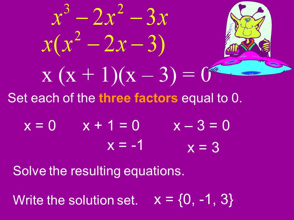 x (x + 1)(x – 3) = 0 Set each of the three factors equal to 0.
