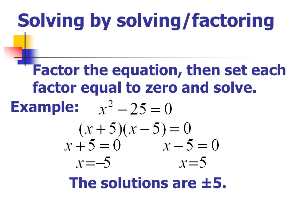 Solving by solving/factoring Factor the equation, then set each factor equal to zero and solve.