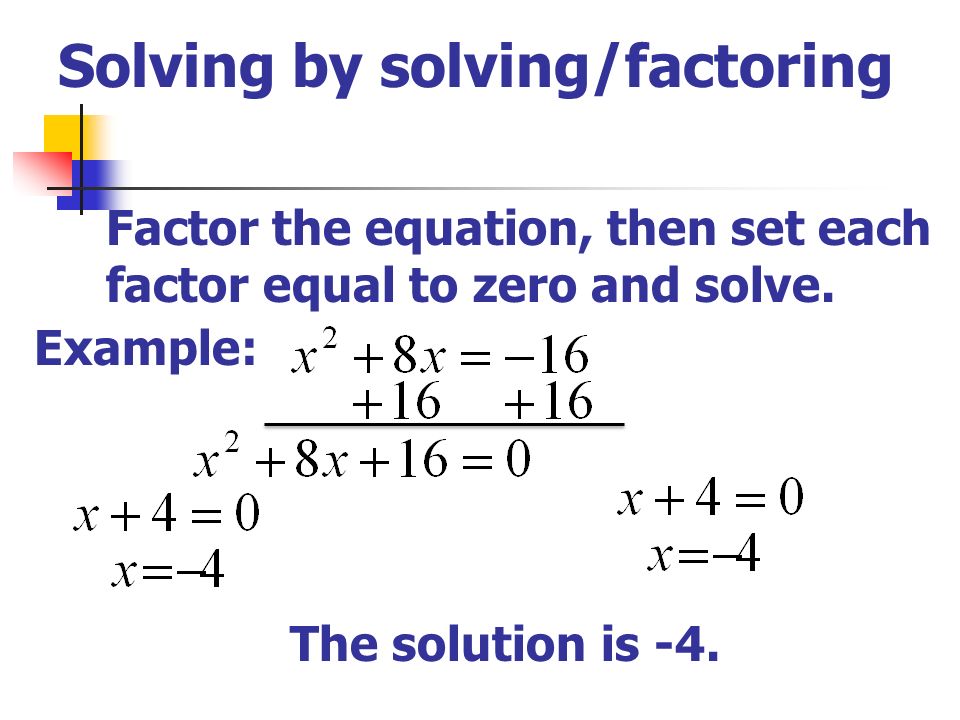 Solving by solving/factoring Factor the equation, then set each factor equal to zero and solve.