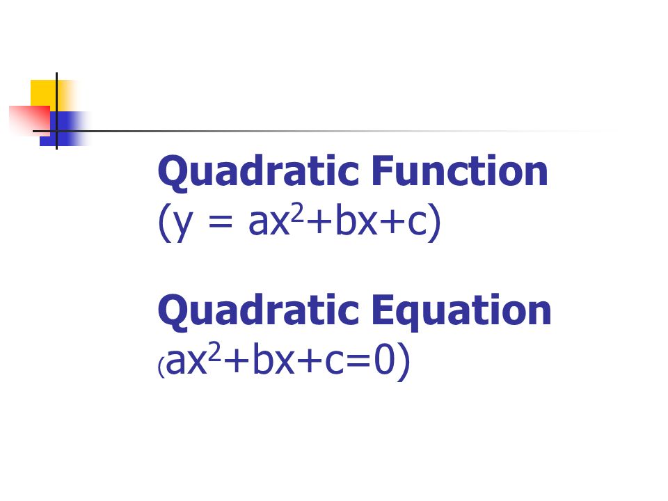 Quadratic Function (y = ax 2 +bx+c) Quadratic Equation ( ax 2 +bx+c=0)