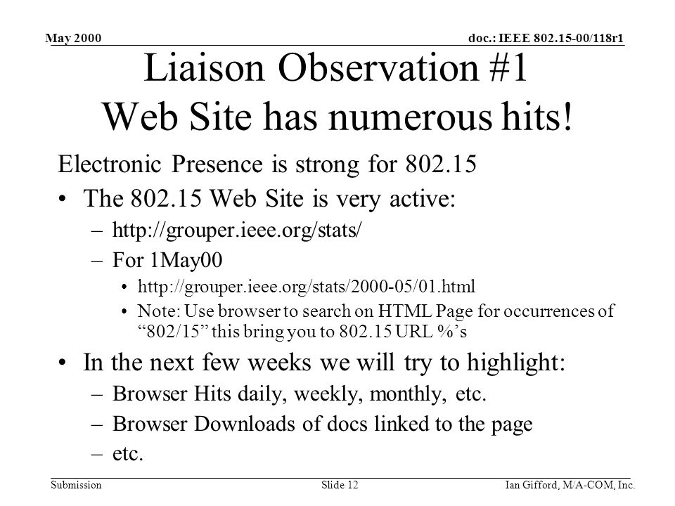 doc.: IEEE /118r1 Submission May 2000 Ian Gifford, M/A-COM, Inc.Slide 12 Liaison Observation #1 Web Site has numerous hits.