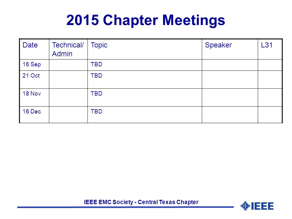 IEEE EMC Society - Central Texas Chapter 2015 Chapter Meetings DateTechnical/ Admin TopicSpeakerL31 16 SepTBD 21 OctTBD 18 NovTBD 16 DecTBD