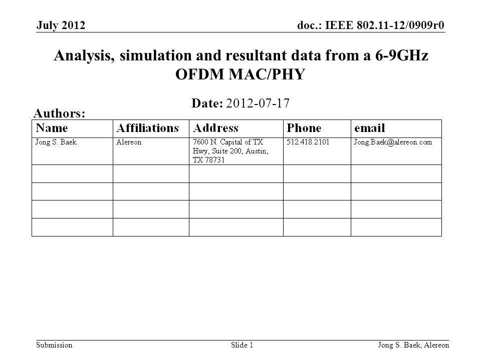 doc.: IEEE /0909r0 Submission July 2012 Jong S.
