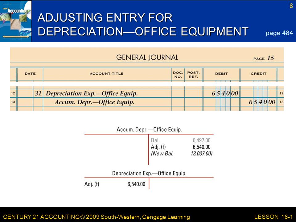 CENTURY 21 ACCOUNTING © 2009 South-Western, Cengage Learning 8 LESSON 16-1 ADJUSTING ENTRY FOR DEPRECIATION—OFFICE EQUIPMENT page 484