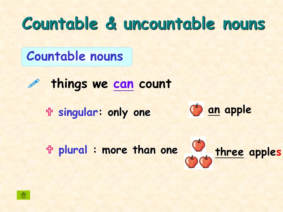 Countable & uncountable nouns an apple  things we can count more than one  plural : more than one three apples Countable nouns only one  singular: only one