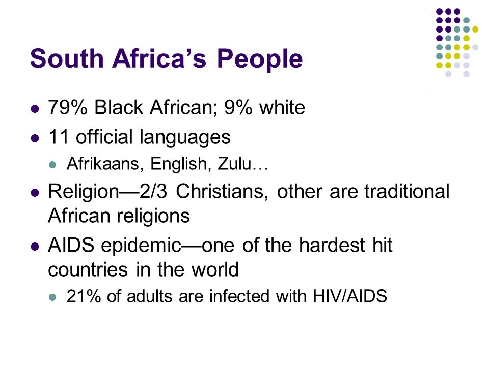 South Africa’s People 79% Black African; 9% white 11 official languages Afrikaans, English, Zulu… Religion—2/3 Christians, other are traditional African religions AIDS epidemic—one of the hardest hit countries in the world 21% of adults are infected with HIV/AIDS