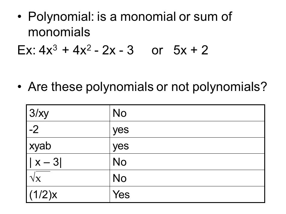 Polynomial: is a monomial or sum of monomials Ex: 4x 3 + 4x 2 - 2x - 3 or 5x + 2 Are these polynomials or not polynomials.