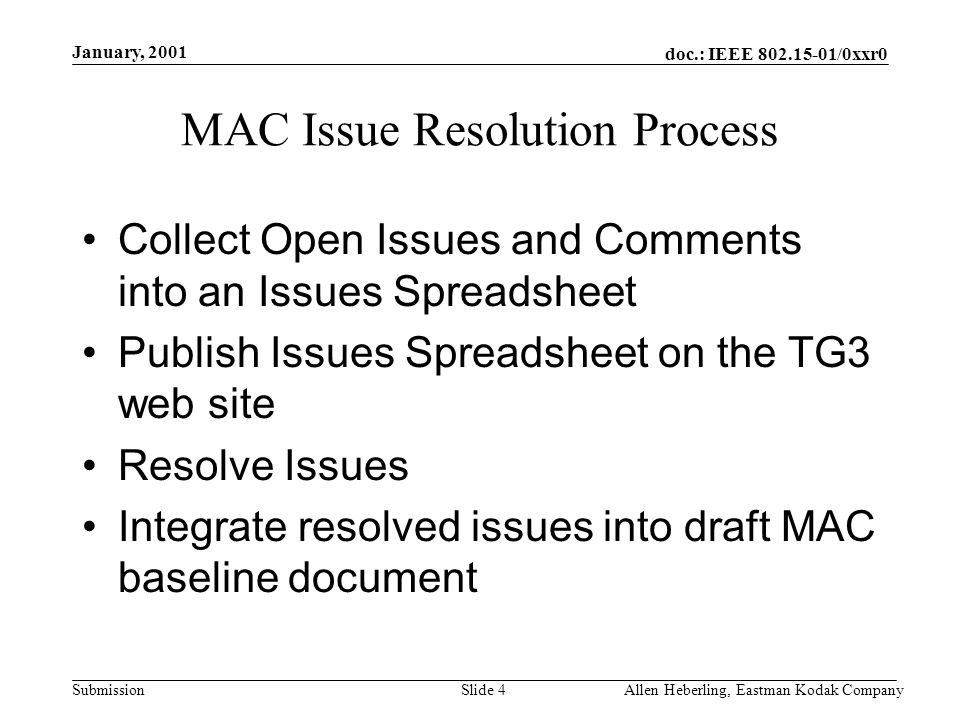 doc.: IEEE /0xxr0 Submission January, 2001 Allen Heberling, Eastman Kodak CompanySlide 4 MAC Issue Resolution Process Collect Open Issues and Comments into an Issues Spreadsheet Publish Issues Spreadsheet on the TG3 web site Resolve Issues Integrate resolved issues into draft MAC baseline document