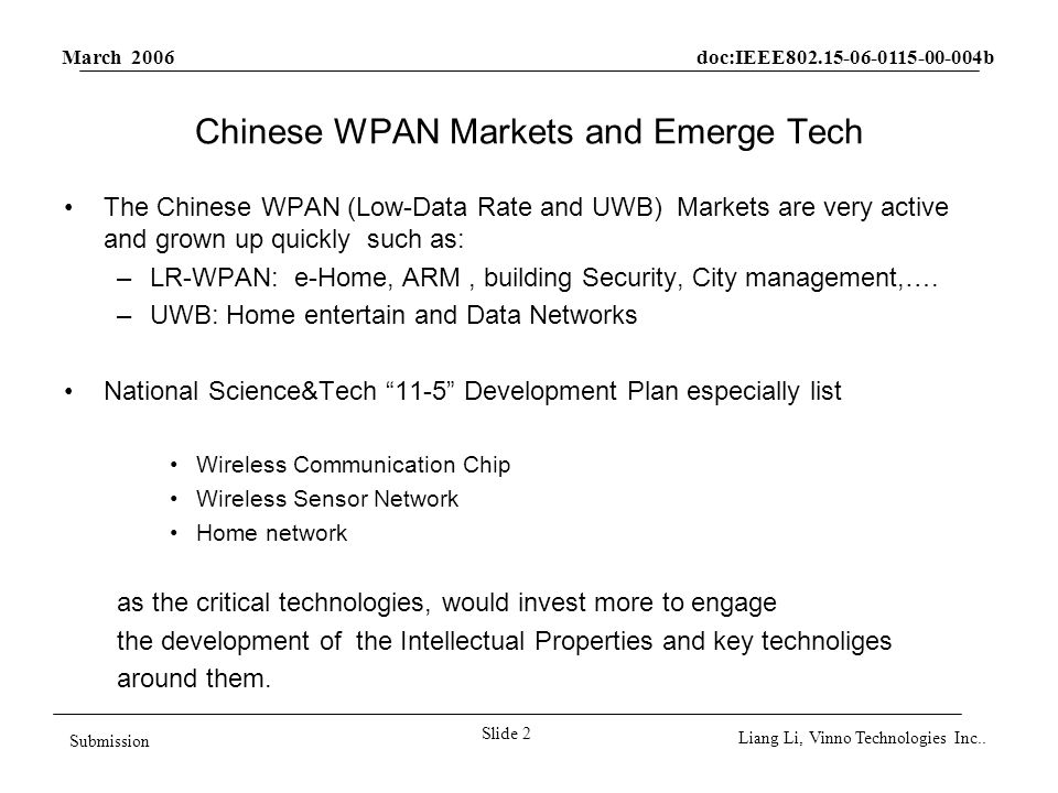 March 2006 doc:IEEE b Slide 2 Submission Liang Li, Vinno Technologies Inc..