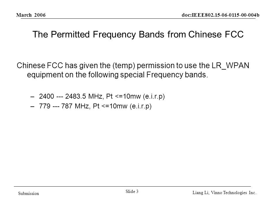 March 2006 doc:IEEE b Slide 3 Submission Liang Li, Vinno Technologies Inc..