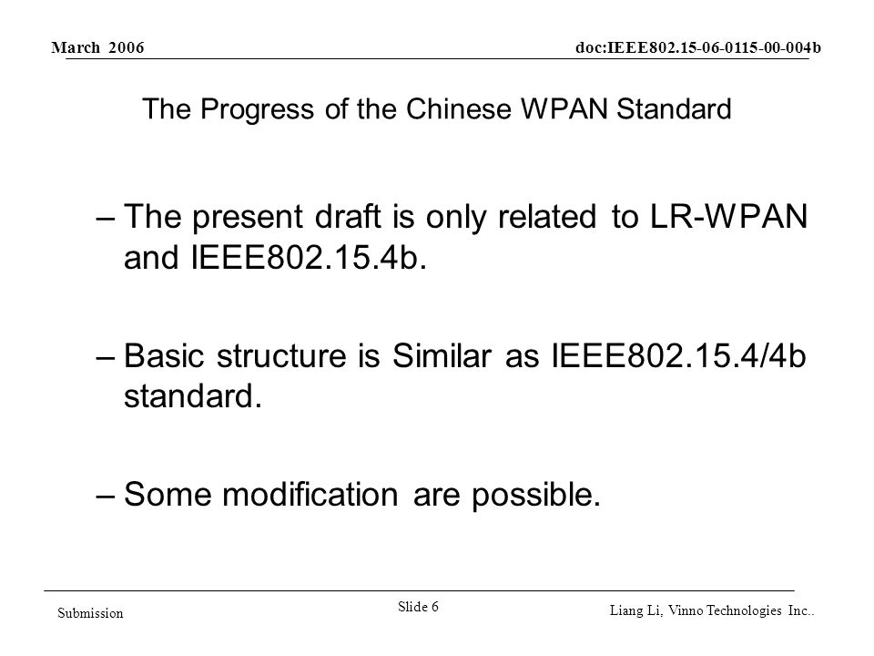 March 2006 doc:IEEE b Slide 6 Submission Liang Li, Vinno Technologies Inc..