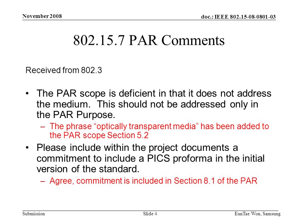 doc.: IEEE Submission November 2008 EunTae Won, SamsungSlide PAR Comments Received from The PAR scope is deficient in that it does not address the medium.