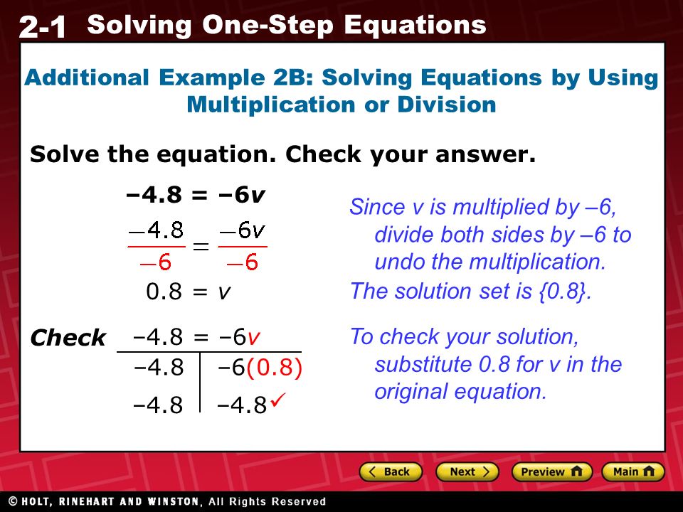 2-1 Solving One-Step Equations Solve the equation.