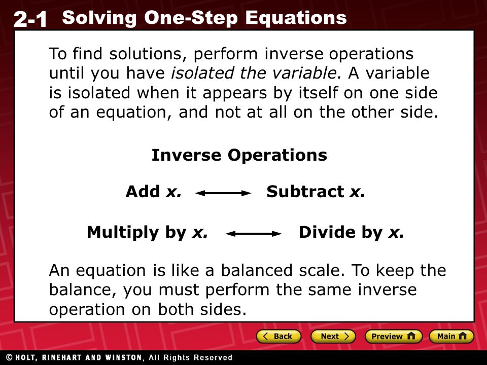 2-1 Solving One-Step Equations Inverse Operations Add x.
