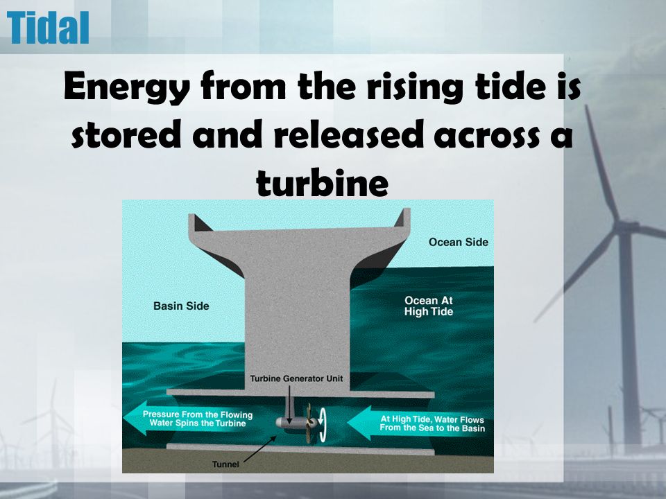 Tidal Energy from the rising tide is stored and released across a turbine
