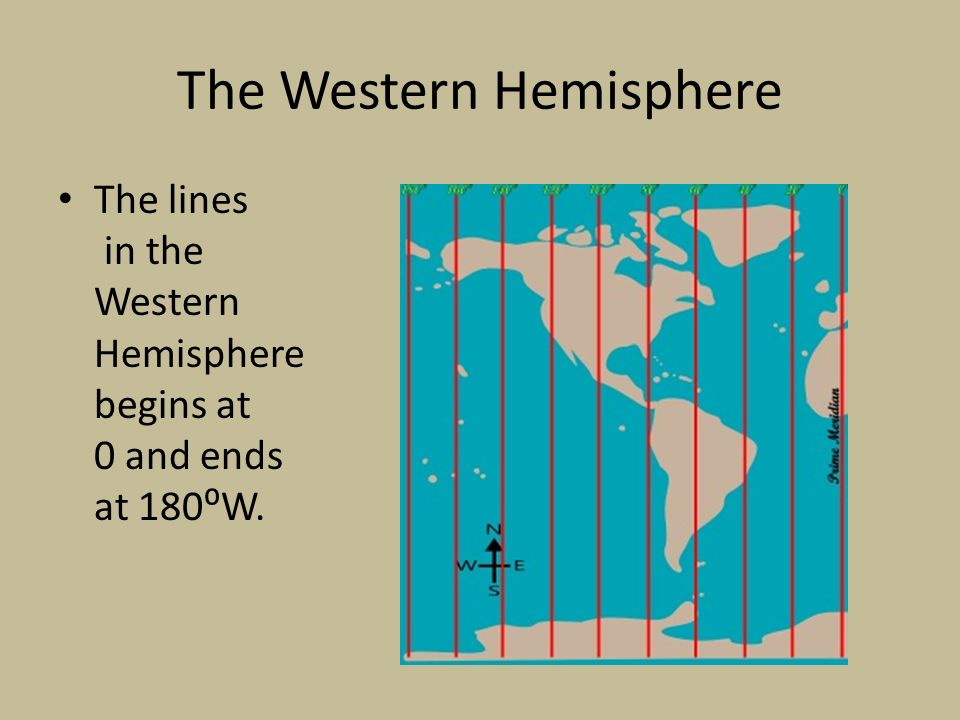 The Western Hemisphere The lines in the Western Hemisphere begins at 0 and ends at 180⁰W.