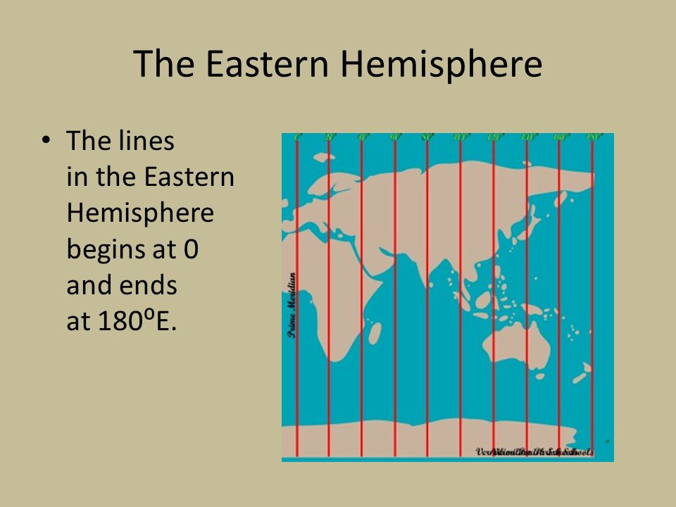 The Eastern Hemisphere The lines in the Eastern Hemisphere begins at 0 and ends at 180⁰E.