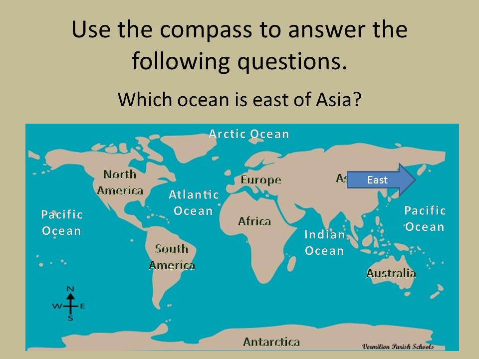 Use the compass to answer the following questions. Which ocean is east of Asia East