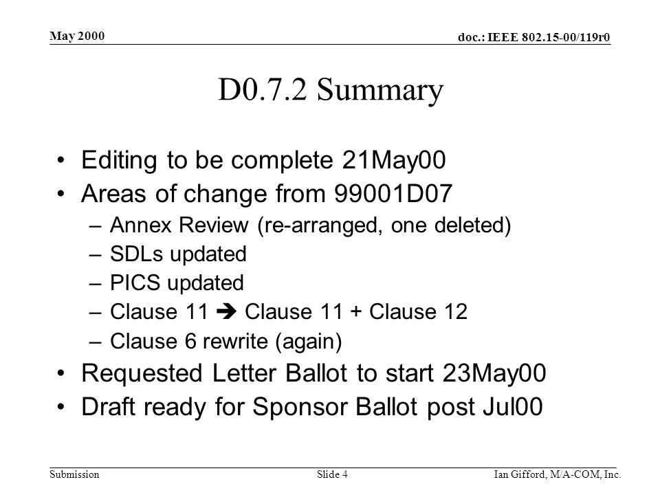 doc.: IEEE /119r0 Submission May 2000 Ian Gifford, M/A-COM, Inc.Slide 4 D0.7.2 Summary Editing to be complete 21May00 Areas of change from 99001D07 –Annex Review (re-arranged, one deleted) –SDLs updated –PICS updated –Clause 11  Clause 11 + Clause 12 –Clause 6 rewrite (again) Requested Letter Ballot to start 23May00 Draft ready for Sponsor Ballot post Jul00