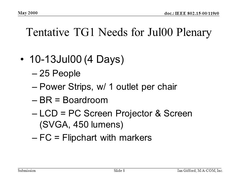 doc.: IEEE /119r0 Submission May 2000 Ian Gifford, M/A-COM, Inc.Slide 8 Tentative TG1 Needs for Jul00 Plenary 10-13Jul00 (4 Days) –25 People –Power Strips, w/ 1 outlet per chair –BR = Boardroom –LCD = PC Screen Projector & Screen (SVGA, 450 lumens) –FC = Flipchart with markers
