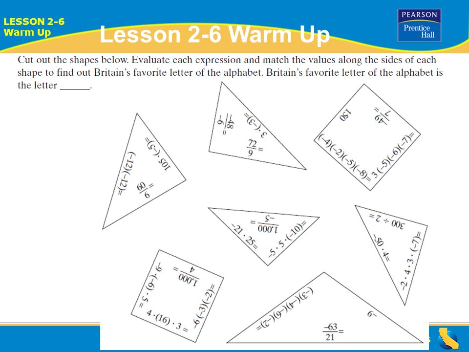 ALGEBRA READINESS LESSON 2-6 Warm Up Lesson 2-6 Warm Up