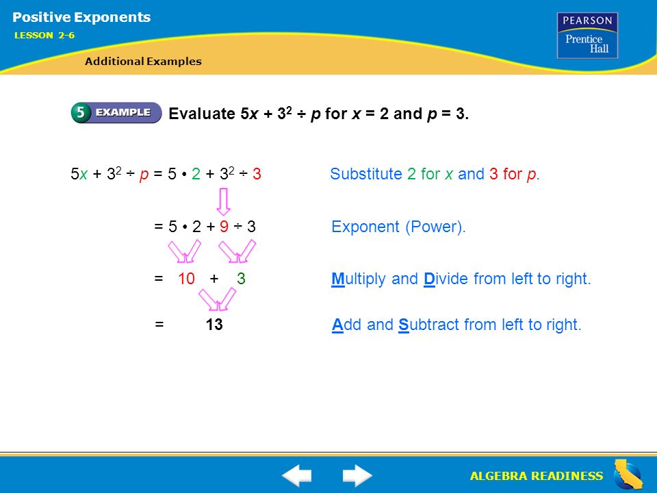 ALGEBRA READINESS Evaluate 5x ÷ p for x = 2 and p = 3.