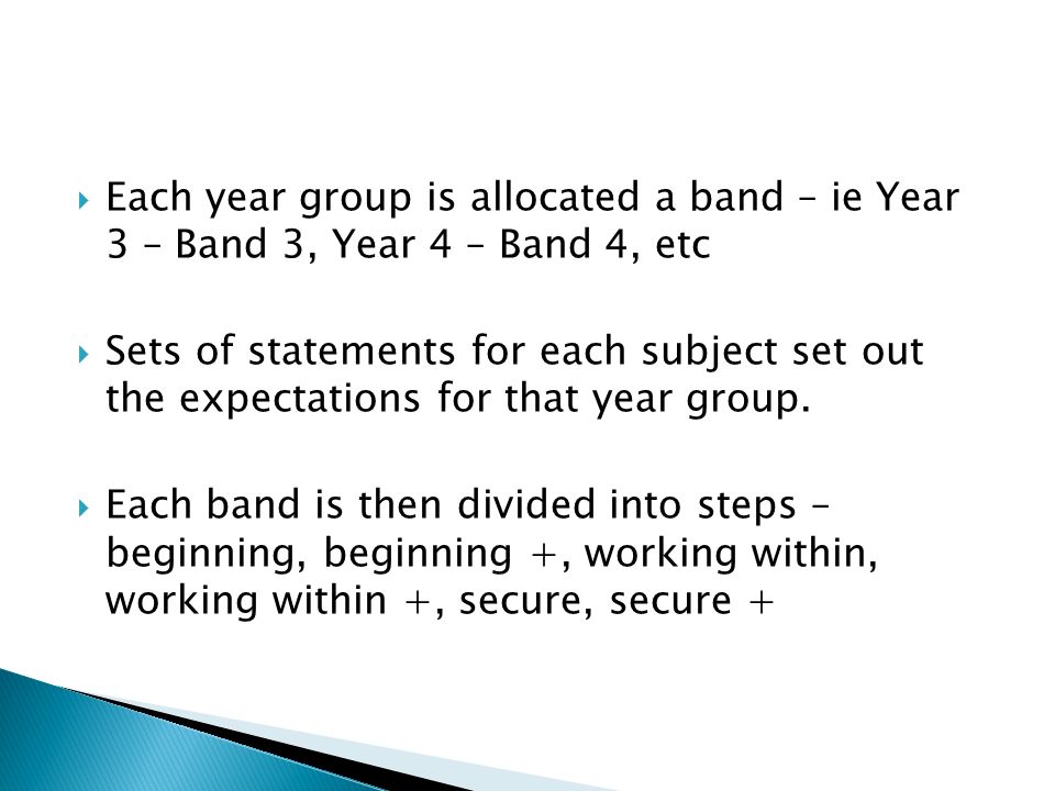  Each year group is allocated a band – ie Year 3 – Band 3, Year 4 – Band 4, etc  Sets of statements for each subject set out the expectations for that year group.