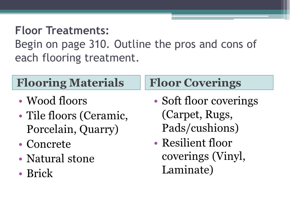 Floor Treatments: Begin on page 310. Outline the pros and cons of each flooring treatment.