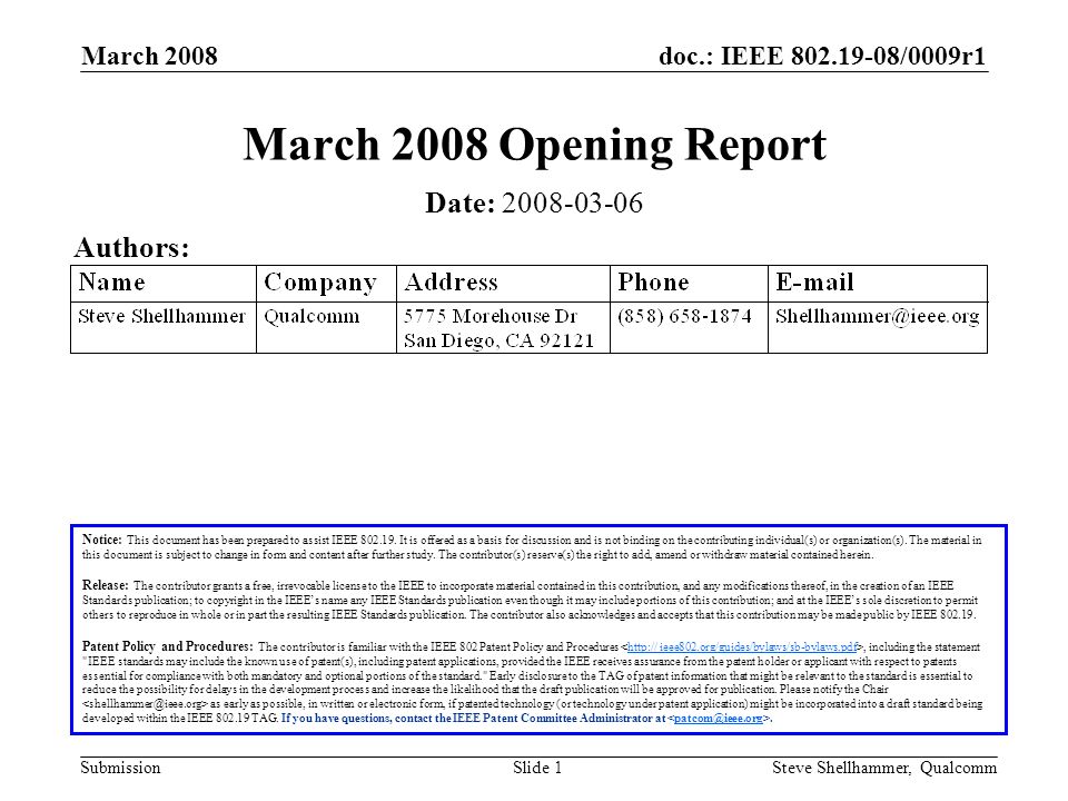 doc.: IEEE /0009r1 Submission March 2008 Steve Shellhammer, QualcommSlide 1 March 2008 Opening Report Notice: This document has been prepared to assist IEEE