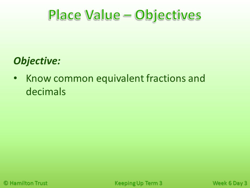 © Hamilton Trust Keeping Up Term 3 Week 6 Day 3 Objective: Know common equivalent fractions and decimals