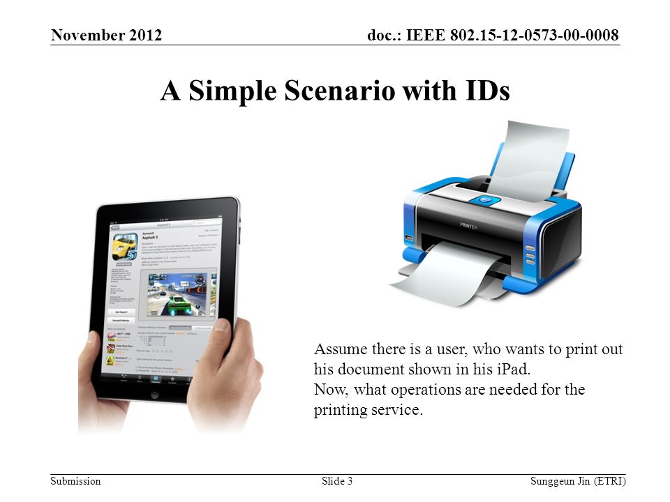 doc.: IEEE Submission A Simple Scenario with IDs November 2012 Sunggeun Jin (ETRI)Slide 3 Assume there is a user, who wants to print out his document shown in his iPad.