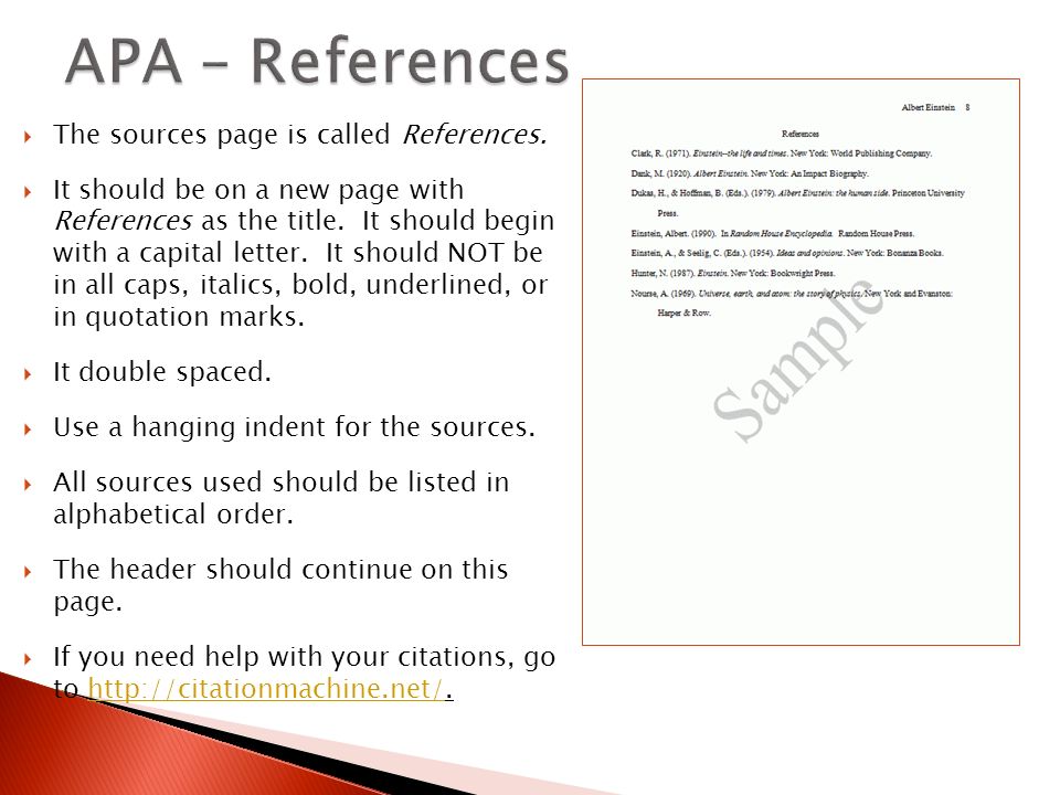  The sources page is called References.  It should be on a new page with References as the title.