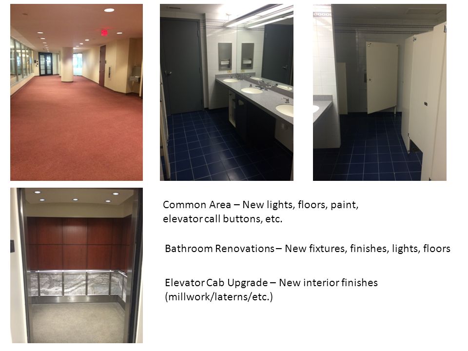 Bathroom Renovations – New fixtures, finishes, lights, floors Common Area – New lights, floors, paint, elevator call buttons, etc.