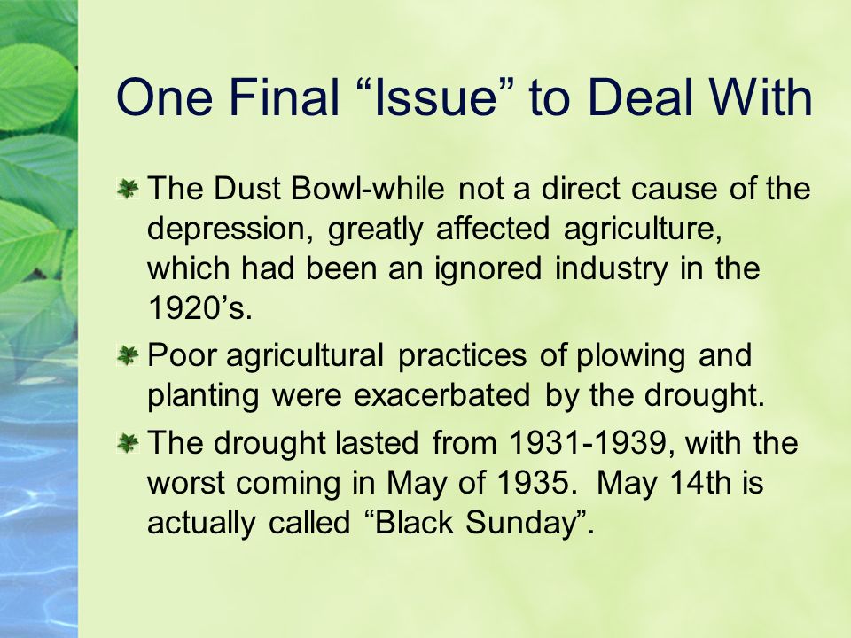 the dust bowl and agriculture essay Mechanized agriculture wheat bubble burst depression a man-made ecological disaster of biblical proportions examining the dust bowl and. the dust bowl and agriculture essay Mechanized agriculture wheat bubble burst depression a man-made ecological disaster of biblical proportions examining the dust bowl and.