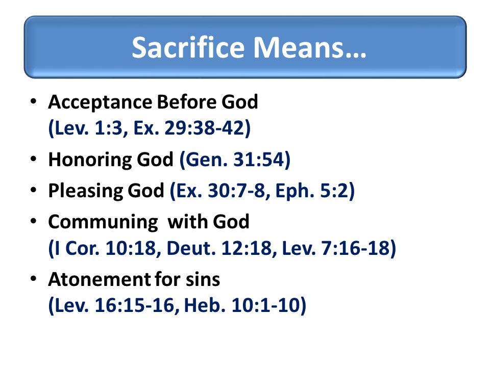 Acceptance Before God (Lev. 1:3, Ex. 29:38-42) Honoring God (Gen.